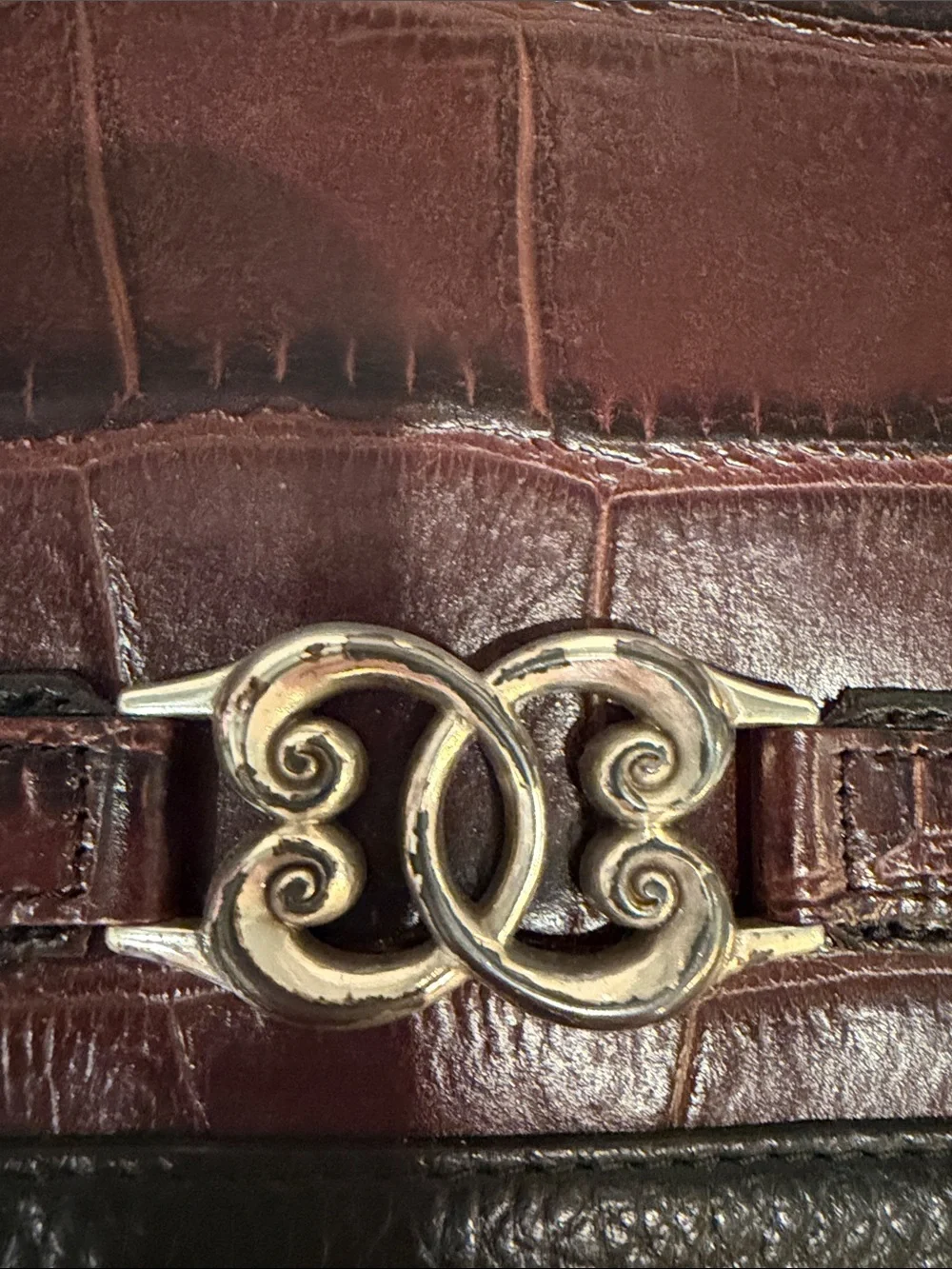 Vintage 90s Brighton Brown and Black Leather Crossbody with Brown Croc-Embossed - Picture 2 of 12